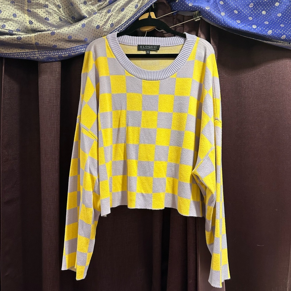 Eloquii Yellow and Gray Checkered Crop Sweater
